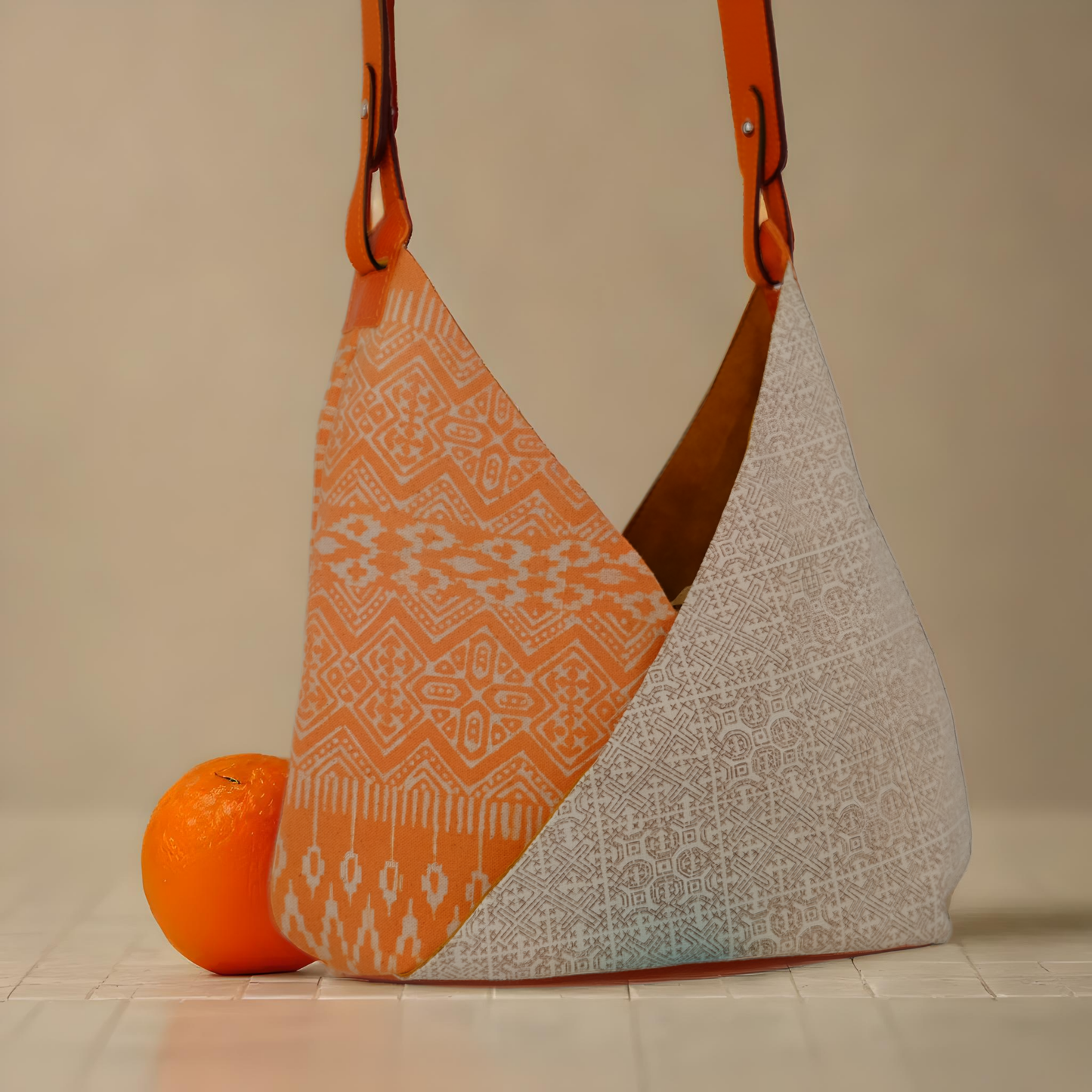 Crafca Orange Block Print Bag, Block Print, Traditional Craft, Asian heritage, Handmade Bag